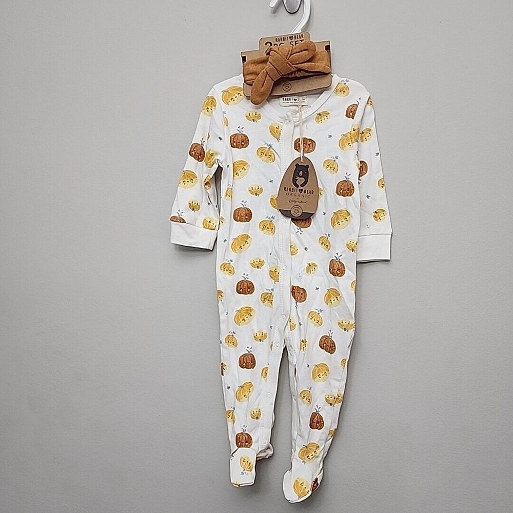 Rabbit Bear Organic Emily & Oliver Pumpkin‎ Fall  Sleeper & Headband 6-9 Month